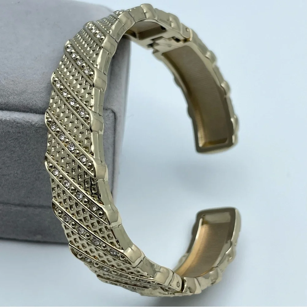 Elegant Gold-Tone Hinged Cuff Bracelet with Crystal Accents